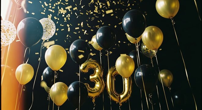 30th anniversary balloons — black and gold party confetti - Powered by Adobe