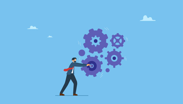 Smart businessman manager use all his power and skill to rotate group of cogwheels gear. Business work flow, leadership to drive team and initiate productivity and efficiency working process.