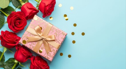 Romantic flat lay composition with a beautiful gift box, fresh red roses, and shiny gold confetti on a blue background