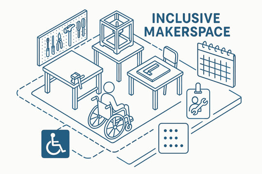 Inclusive makerspace design featuring accessibility and diverse tools for creative collaboration