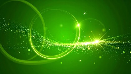 Futuristic abstract green background with swirling light particles, glowing rings, and a vibrant energy flare