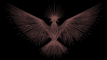 Radiant Stylized Phoenix Bird Illustration with Spreading Wings on Dark Background, Symbolic Rebirth and Power Graphic