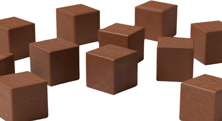 BABY TOYS - Group of small brown chocolate cubes isolated on white background, perfect for dessert, confectionery, and culinary uses
