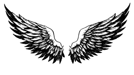 Obraz premium Hand drawn black and white feathered wings illustration, isolated on a clean white background. Vintage sketch style artistic design element.