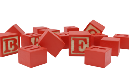 BABY TOYS - Red wooden alphabet blocks scattered on white surface, perfect for early childhood education and learning activities