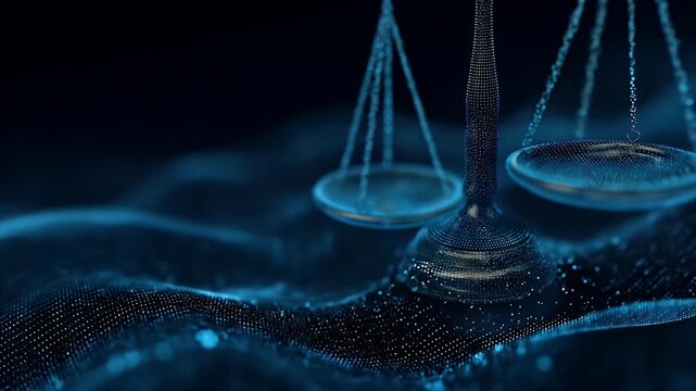 A digitally rendered, abstract image featuring scales of justice with a dark blue, dot-patterned background