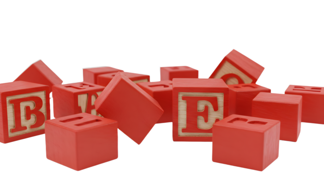 BABY TOYS - Red wooden alphabet blocks scattered on white surface, perfect for early childhood education and learning activities