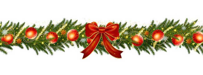 Christmas tree garland with fir tree branches and decorations isolated .