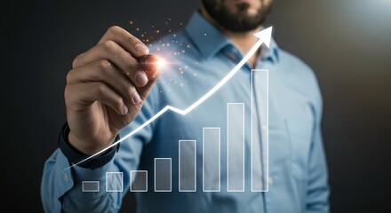 Business growth and financial success visualization with upward trending graph and data analysis