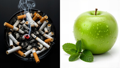 A conceptual image contrasting a healthy and unhealthy lifestyle. A fresh green apple and mint versus a dirty ashtray full of cigarettes. The choice between good and bad habits