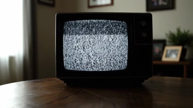 Vintage black television placed on a wooden table in a cozy living room. The cathode ray tube screen is showing static noise that flickers sporadically