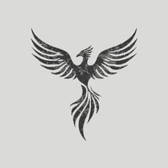 Obraz premium Stylized grunge mythical bird illustration with spreading wings, a powerful ancient firebird symbol of rebirth, strength, and eternity.