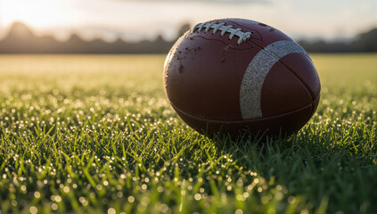 An American football on a dewy grass field at sunrise. Close-up of a sports ball on a wet lawn during golden hour with copy space