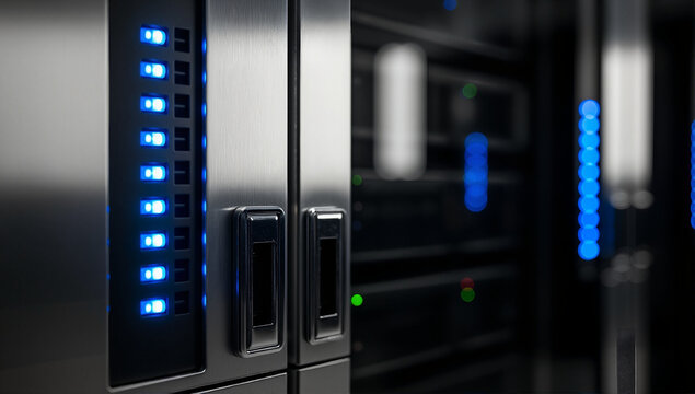 Server rack with glowing blue LED lights in a data center. Close-up of modern hardware for data storage, cloud computing, and network infrastructure - Powered by Adobe