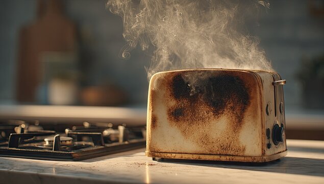 Burnt toaster on kitchen counter