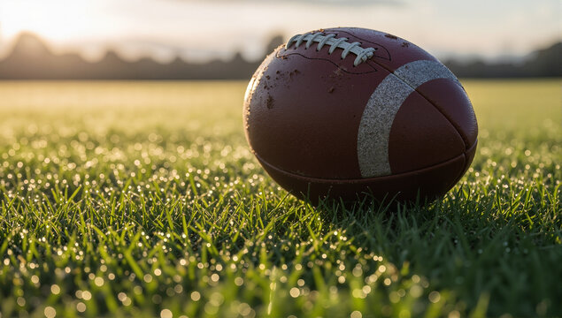 An American football on a dewy grass field at sunrise. Close-up of a sports ball on a wet lawn during golden hour with copy space