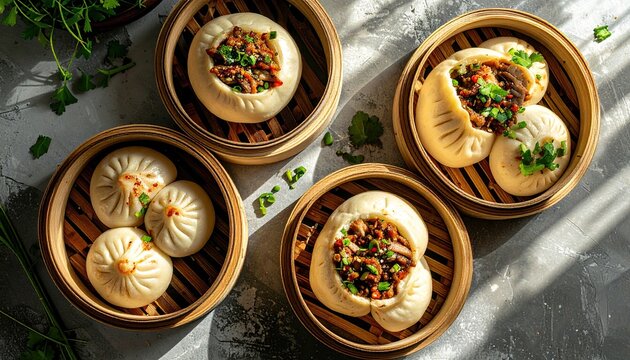 Four Baskets of Steamed Bao Buns Filled with Savory Meat Topping and Garnished with Fresh Herbs and Sesame Seeds on a Textured Gray Surface with Dramatic Lighting - Powered by Adobe