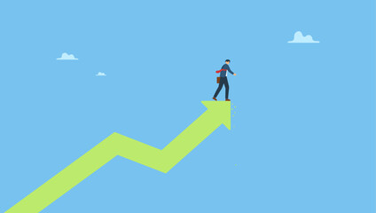 Businessman investor stand at all time high rising arrow looking down in fear. Fear of stock market or crypto crisis, investment risk at market all time high, uncertainty in speculation trading.