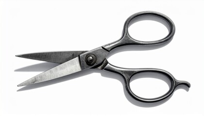 Open scissors on a white background, showing the blades and handles in detail.
