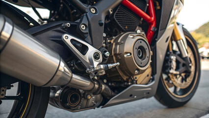 Realistic close-up photograph of a modern motorcycle engine, highlighting brushed-metal exhaust, intricate casing, and red trellis frame.
