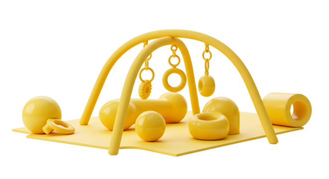 BABY TOYS - Yellow baby play gym with hanging toys and soft cushions for infant activity and development, perfect for newborns and toddlers