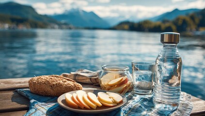Lakeside picnic with apples and bread