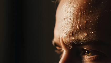 Extreme close-up of a man's face covered in sweat. Intense focus and determination during a workout. Concept of physical exertion and endurance with copy space