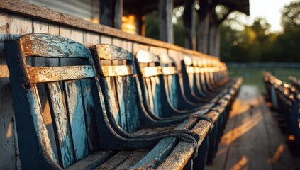 Old wooden bleacher seats in sunlight