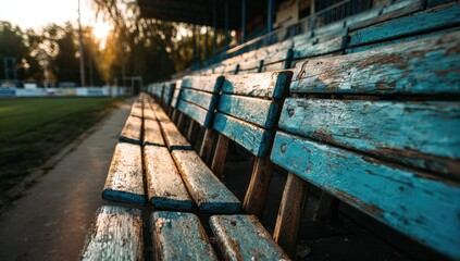 Aged wooden bleachers at sunset