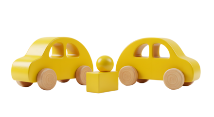 BABY TOYS - Yellow wooden toy cars with wooden puzzle piece and ball, playful educational learning toys for children