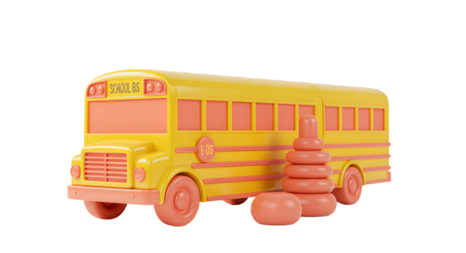 BABY TOYS - Yellow toy school bus with orange cones isolated on white background, concept of education, children transportation, and safety, perfect for school projects and learning materials