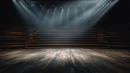 Empty stage with wooden seating and spotlights