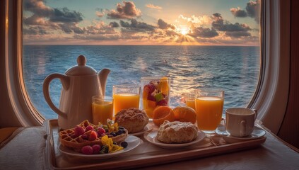 A breakfast tray on a cruise ship, with a beautiful ocean view at sunrise
