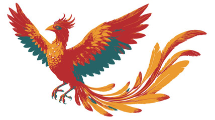 Obraz premium Majestic mythical phoenix bird illustration with vibrant fiery red and orange feathers in flight, fantasy creature art.