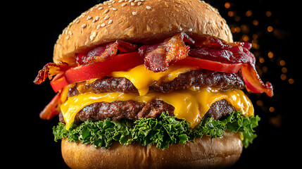 ジューシーなベーコンチーズバーガーのクローズアップ