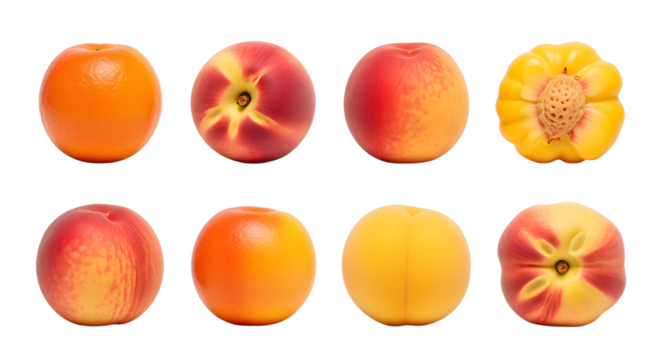 Fresh ripe peaches and apricots assortment isolated on white background, healthy seasonal fruit selection ideal for cooking and snacking