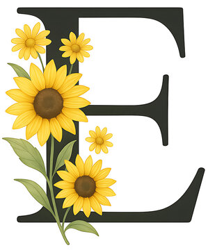 letter "E" entwined with sunflowers and yellow daisies