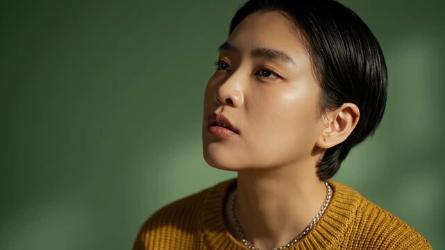 Stunning young Asian woman with radiant skin and a stylish pixie haircut is depicted in this portrait. She exudes a sense of serenity and contemplation as she gazes into the sunlight