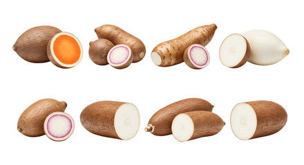 Fresh whole and sliced African yam tubers isolated on white background, healthy starchy root vegetables ideal for cooking and traditional dishes