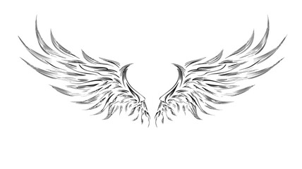 Hand-drawn ethereal angel wings illustration in monochrome, symbolizing freedom, spirituality, flight, and grace on white.
