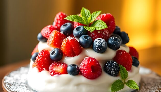 Deliciously fresh berry topped meringue cake with cream and mint garnish