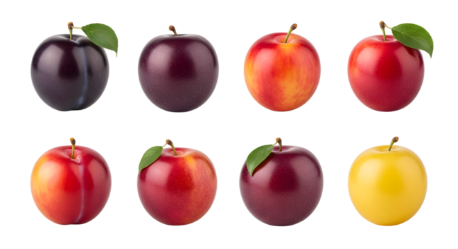 Fresh assorted plums and cherries with leaves isolated on white background, perfect for healthy eating and food presentations