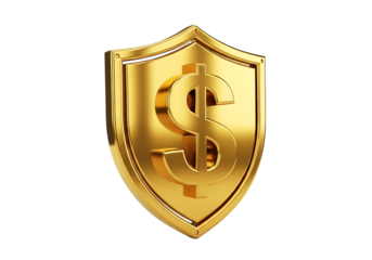 3d illustration of golden shield with a dollar sign symbolizing financial security, protection, and wealth, isolated on transparent background on transparent background