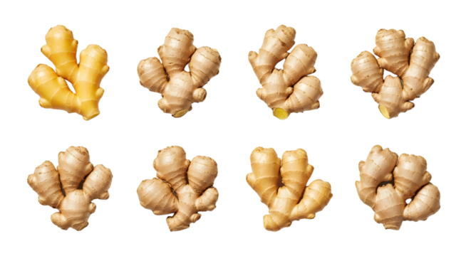 Fresh ginger root collection isolated on white background, perfect for cooking and health illustrations