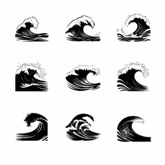 Fototapeta premium Diverse set of crashing ocean waves illustrations. Black and white graphic art depicting powerful sea water splashes and surf movement.