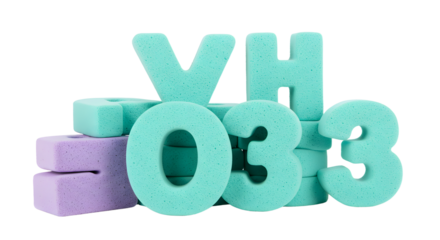 BABY TOYS - 3D rendered colorful blue and purple foam letters and numbers arranged randomly on white background