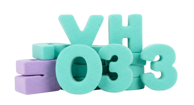 BABY TOYS - 3D rendered colorful blue and purple foam letters and numbers arranged randomly on white background
