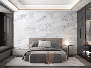 Comfy elegant bedroom interior featuring wooden flooring, quartz nightstands and back wall, and soft lighting, black transparent glassed wardrobe. 3D Rendering