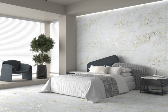 Luxury suite bedroom of a suit with mat marble wall cladding and gold accent lighting, queen sized bed and arm chair aside. 3D Illustrations. 3D Rendering. Mockup