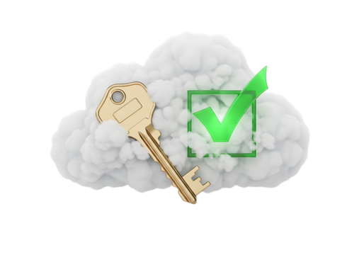 3d illustration of a golden key resting on a fluffy white cloud with a green checkmark in a green square, isolated on transparent background on transparent background